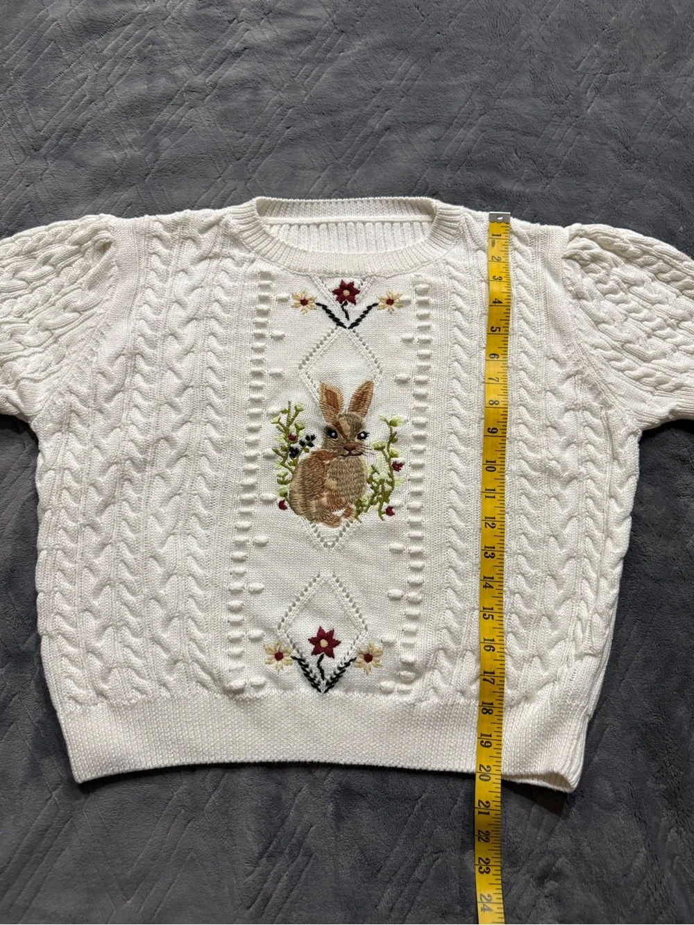 NWOT Cider Cream Cable-Knit Bunny Embroidered Short Sleeve Sweater - Size 1XL